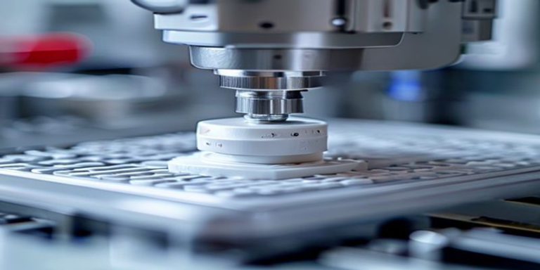 Close up of a CNC machine milling a small white medical PEEK part with precision tools.