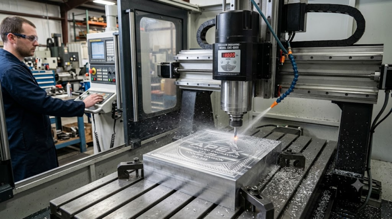 High-precision CNC engraving machine working on metal