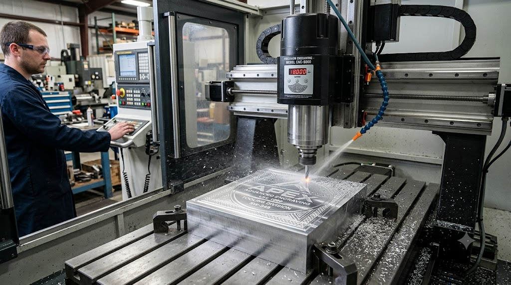 High-precision CNC engraving machine working on metal