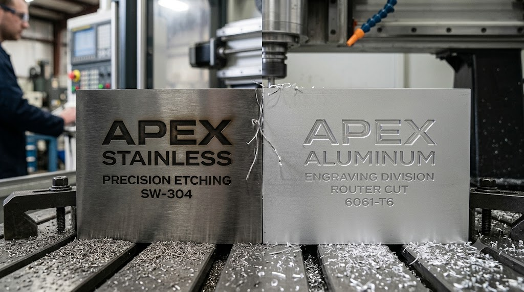 Close up of engraved stainless steel vs aluminum