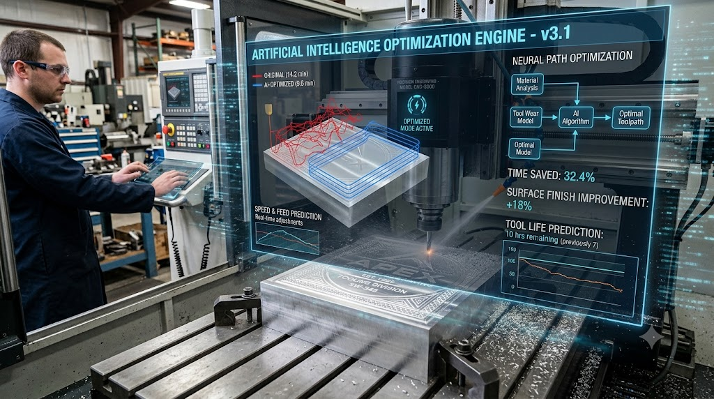 AI-driven CNC interface showing toolpath optimization
