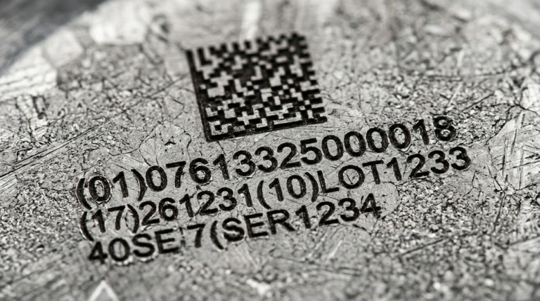 Microscopic view of CNC engraved UDI code on surgical steel.