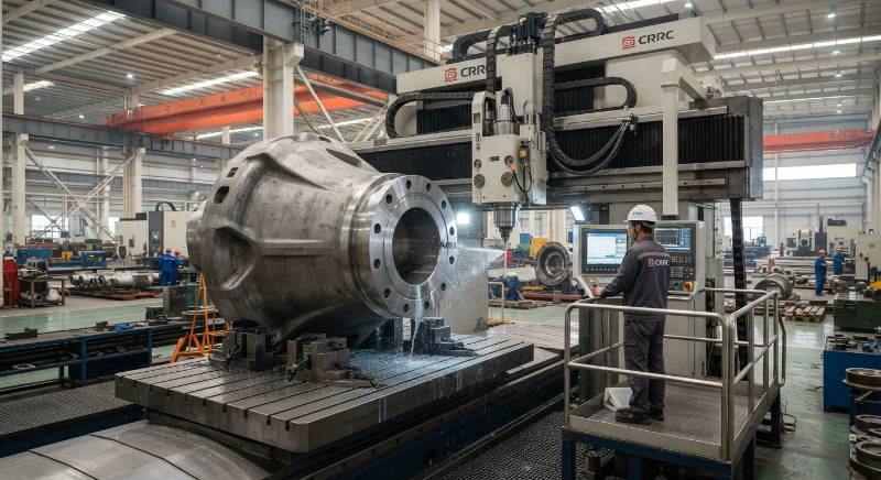 Massive wind turbine hub being machined on a CNC gantry mill.