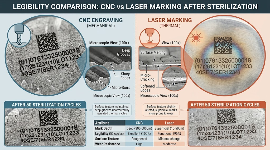Comparison chart showing legibility of CNC vs laser marking after sterilization