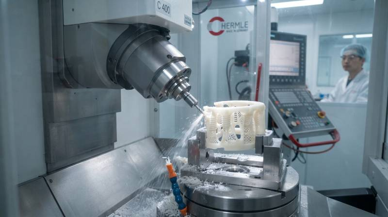High precision 5-axis CNC machining of an implantable PEEK spinal cage showing microscopic cutting tools and clean swarf evacuation