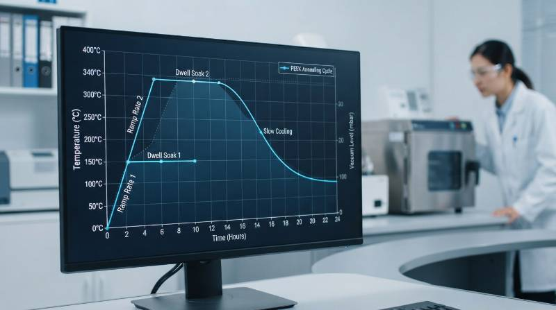 Technical line chart showing multi-stage vacuum annealing ramp rates, dwell soak temperatures, and slow cooling curves for medical PEEK