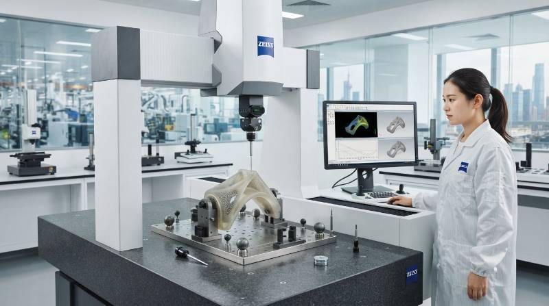 Zeiss CMM multi-sensor optical and contact probe measuring a complex medical polymer surgical implant trial