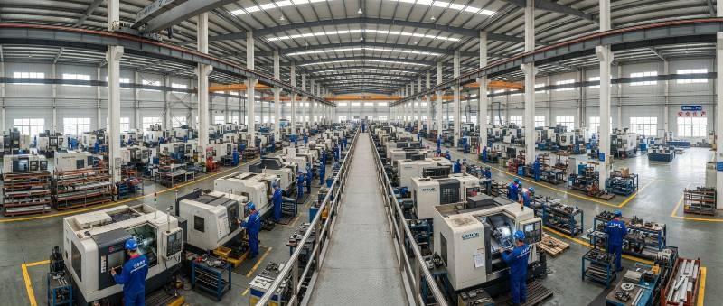 360-degree panoramic view of a massive industrial CNC machine shop.