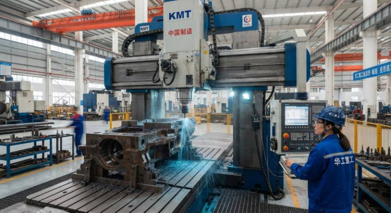 Large gantry CNC milling machine processing a massive steel industrial component in a high-tech factory.