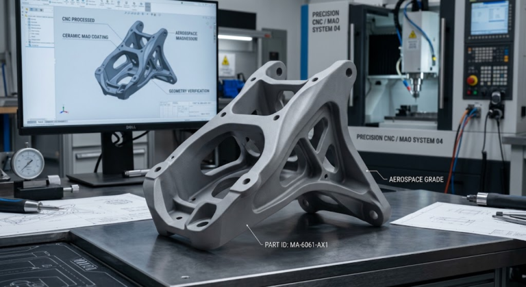 Precision CNC machined magnesium aerospace part with a grey ceramic MAO coating finish on a technical background