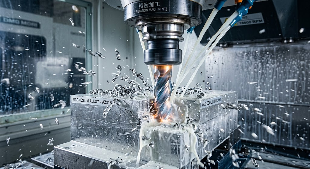 Close-up of a high-speed CNC milling tool cutting a magnesium alloy block with specialized coolant and chips