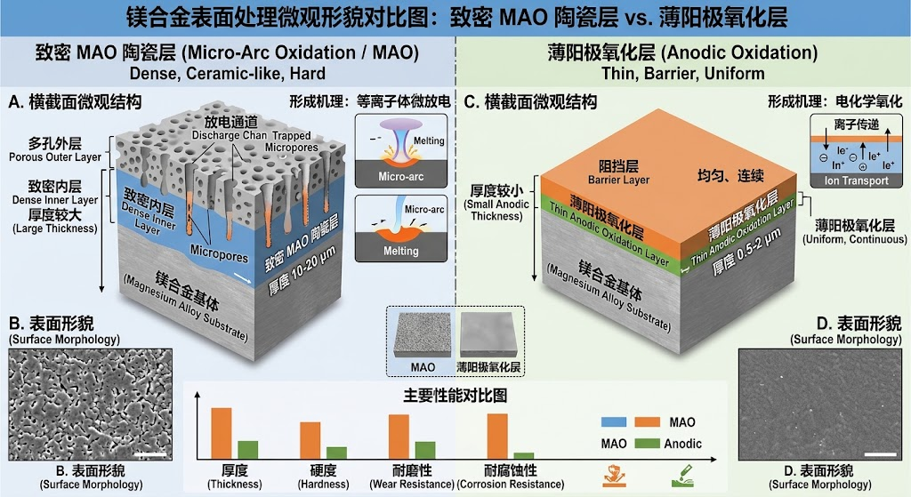 Comparison chart showing a microscopic view of the dense MAO ceramic layer vs the thin anodized layer on magnesium