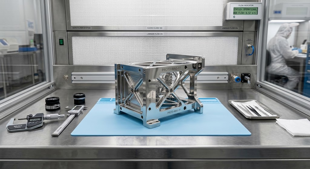 Polished magnesium prototype parts on a clean engineering workbench