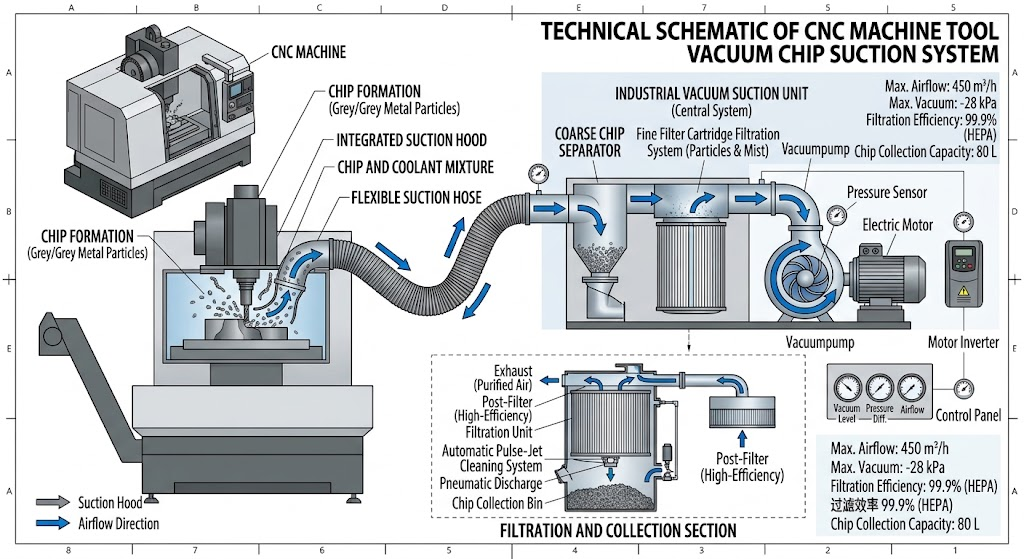Technical diagram showing a vacuum chip extraction system on a CNC machine