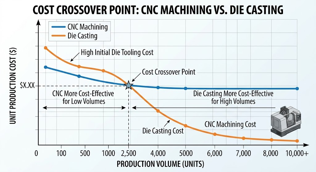 A line graph showing the cost crossover point between CNC machining and die casting
