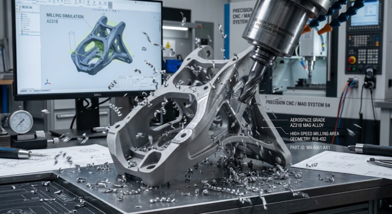 Close-up of CNC milling machine cutting a magnesium aerospace part with high-speed chips flying