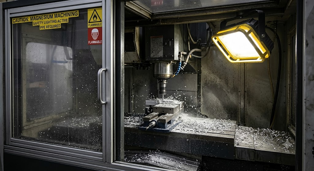 Magnesium chips and dust in a CNC machine enclosure with safety lighting