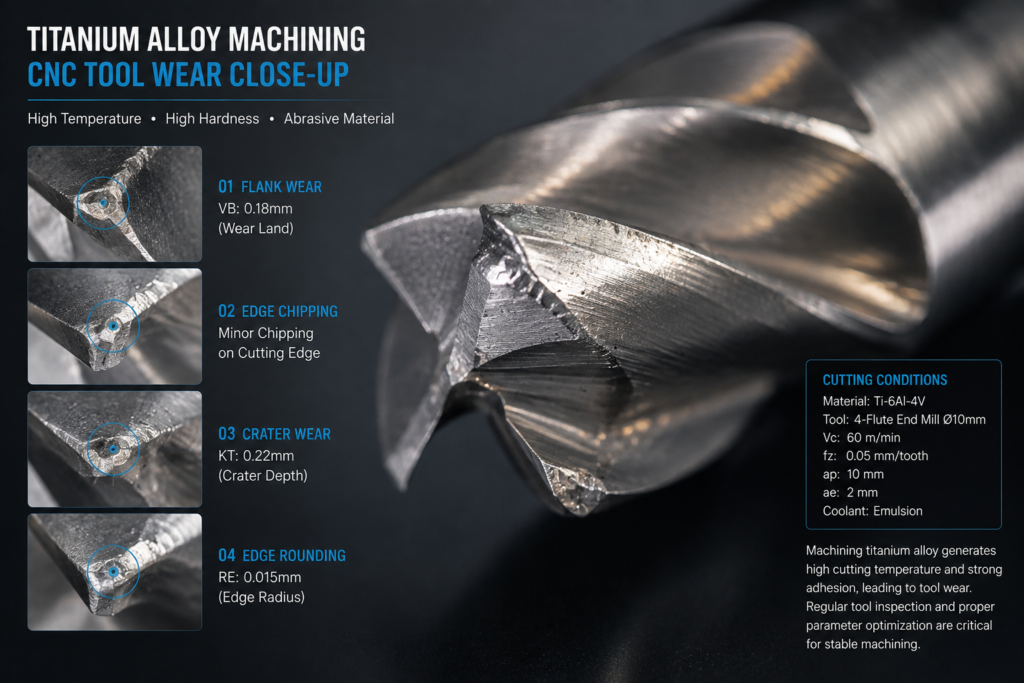 Close up of titanium CNC tool wear