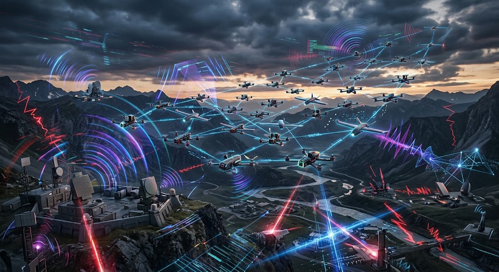 An image of an advanced drone swarm flying in a complex electronic warfare environment, accompanied by visible signal waves.