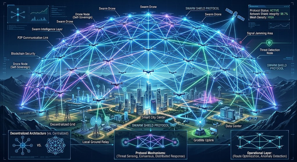 Abstract diagram of a decentralized drone network with glowing connections representing Swarm-Shield Protocol