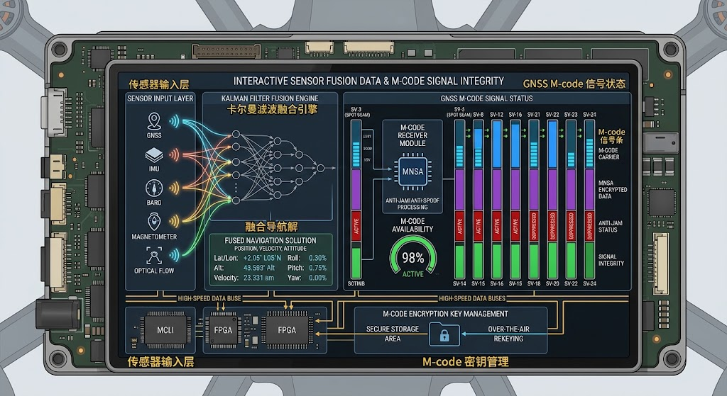 Internal view of a UAV flight controller showing sensor fusion data and M-code signal bars