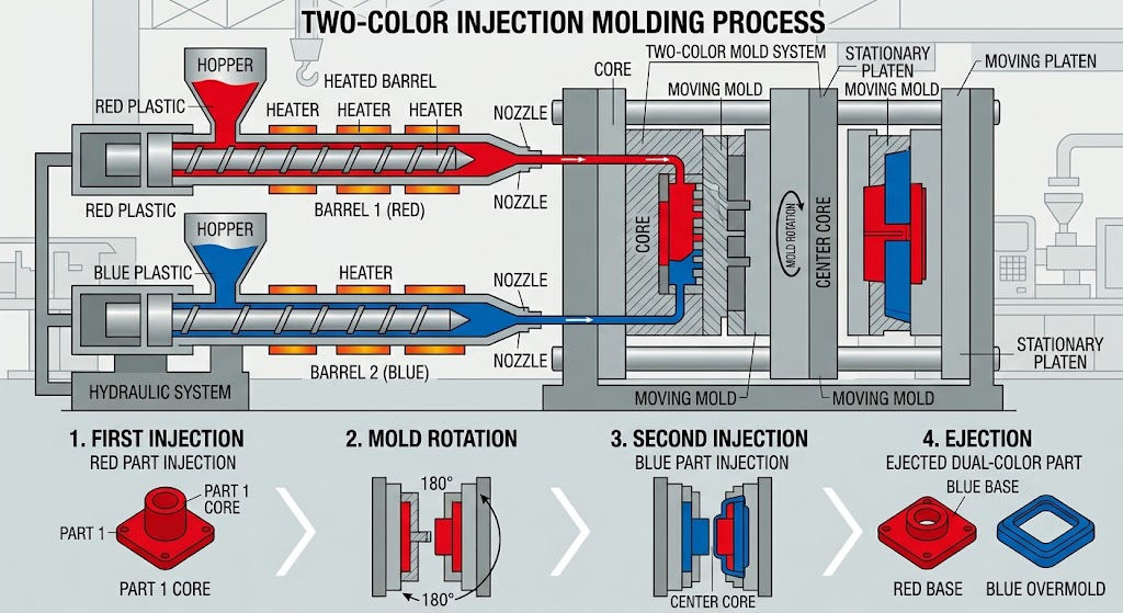 2K injection molding process diagram showing two barrels and a single mold