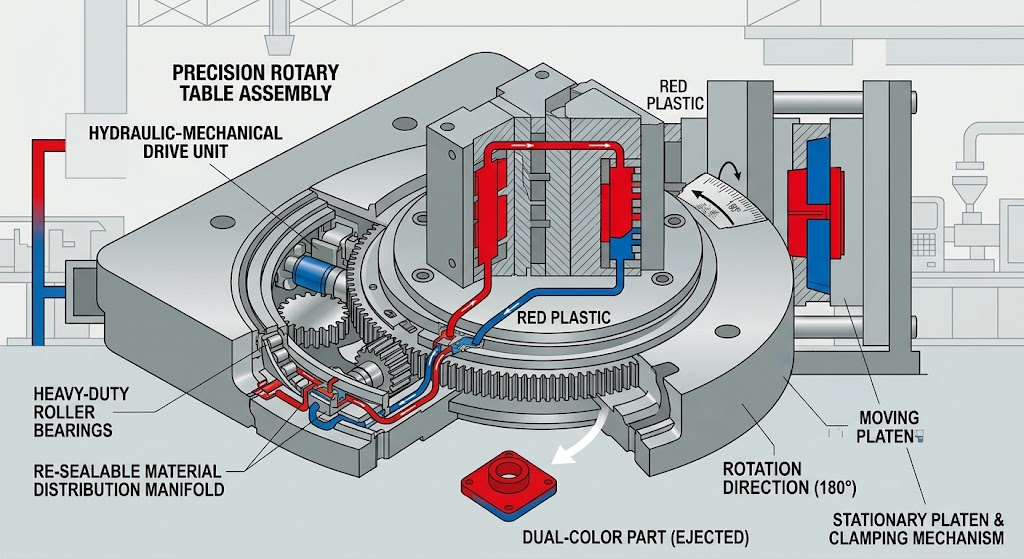 Rotary table injection mold close-up showing rotating mechanism