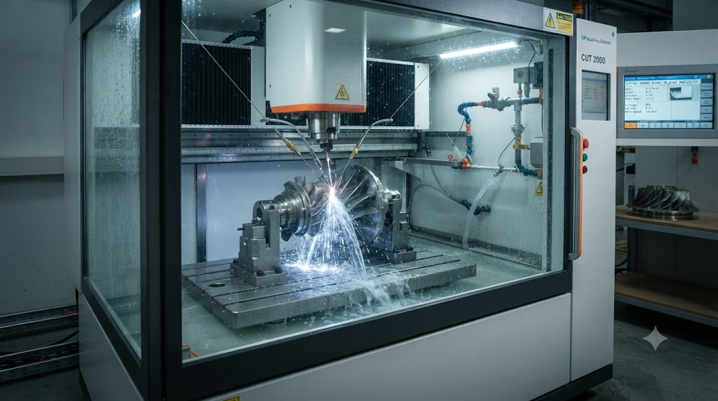 Wire EDM machine cutting Inconel turbine part