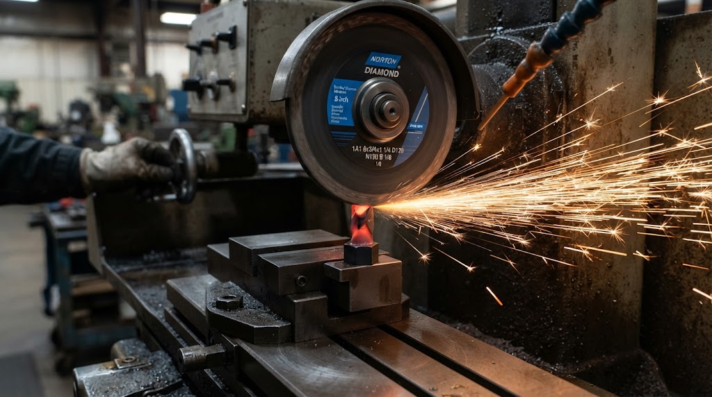 Industrial diamond grinding wheel hitting a tungsten carbide tool bit with sparks