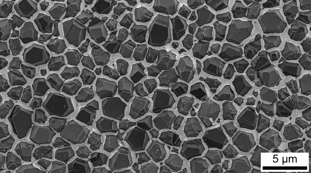 Microscopic view of tungsten carbide grain structure with cobalt binder