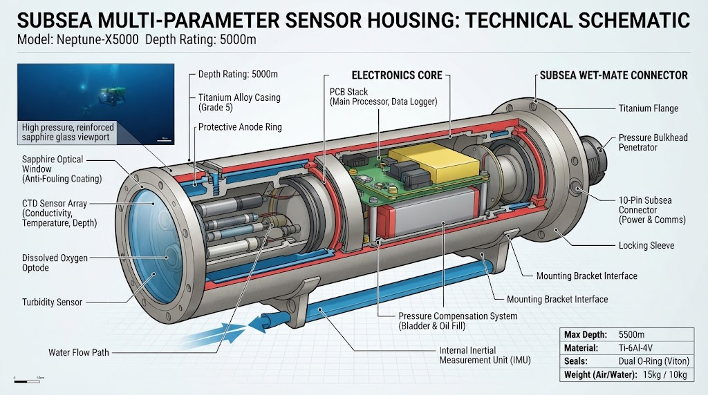 Technical diagram of subsea sensor housing