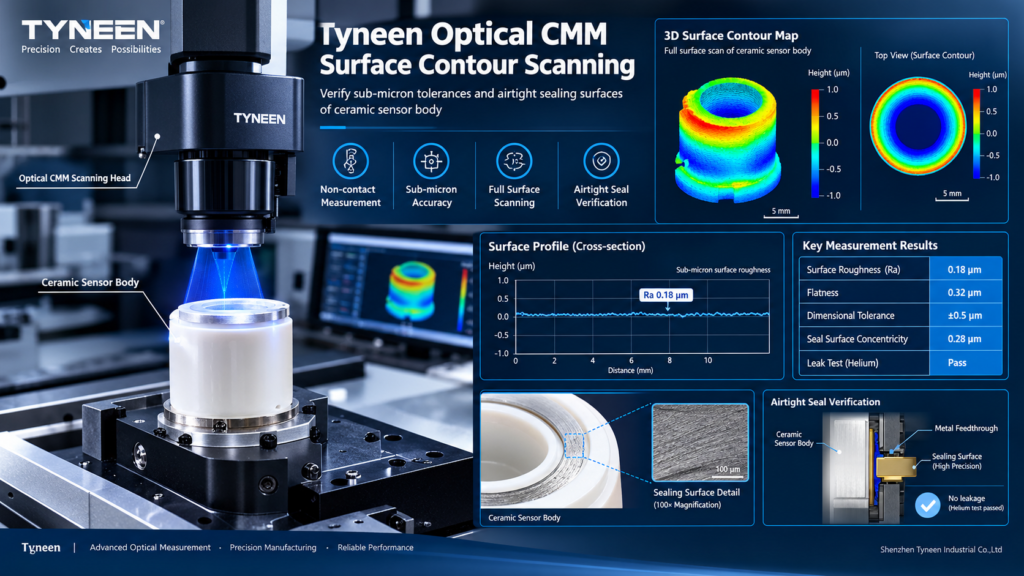 Tyneen optical CMM surface profilometry scan verifying sub-micron tolerances and hermetic seal surface of a ceramic sensor body