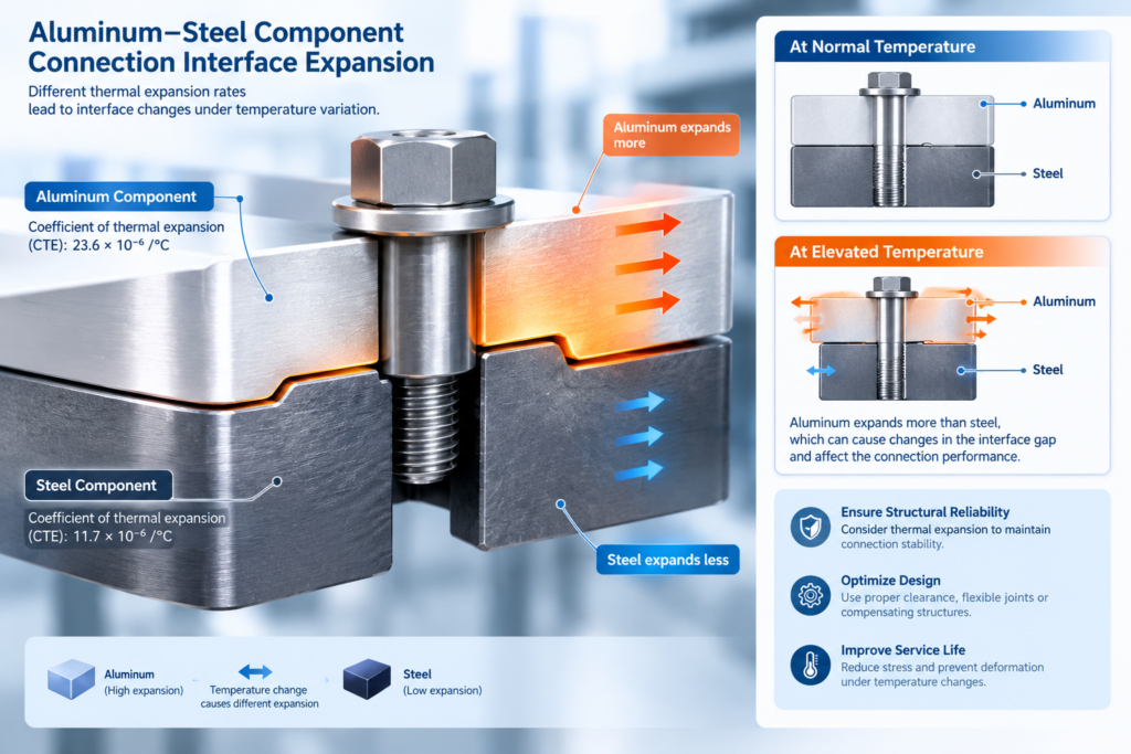 Technical diagram of aluminum and steel part interface expansion