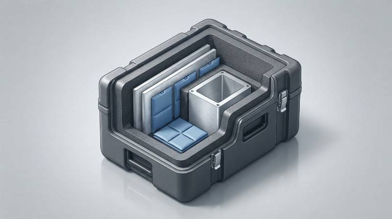 Cutaway illustration of high-performance thermal packaging showing VIP insulation, phase change material tiles, custom foam, and machined metal core.