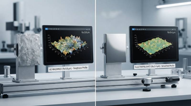 Surface profilometry comparison chart showing as-machined Ra 0.8 um versus electropolished Ra 0.4 um stainless steel surface