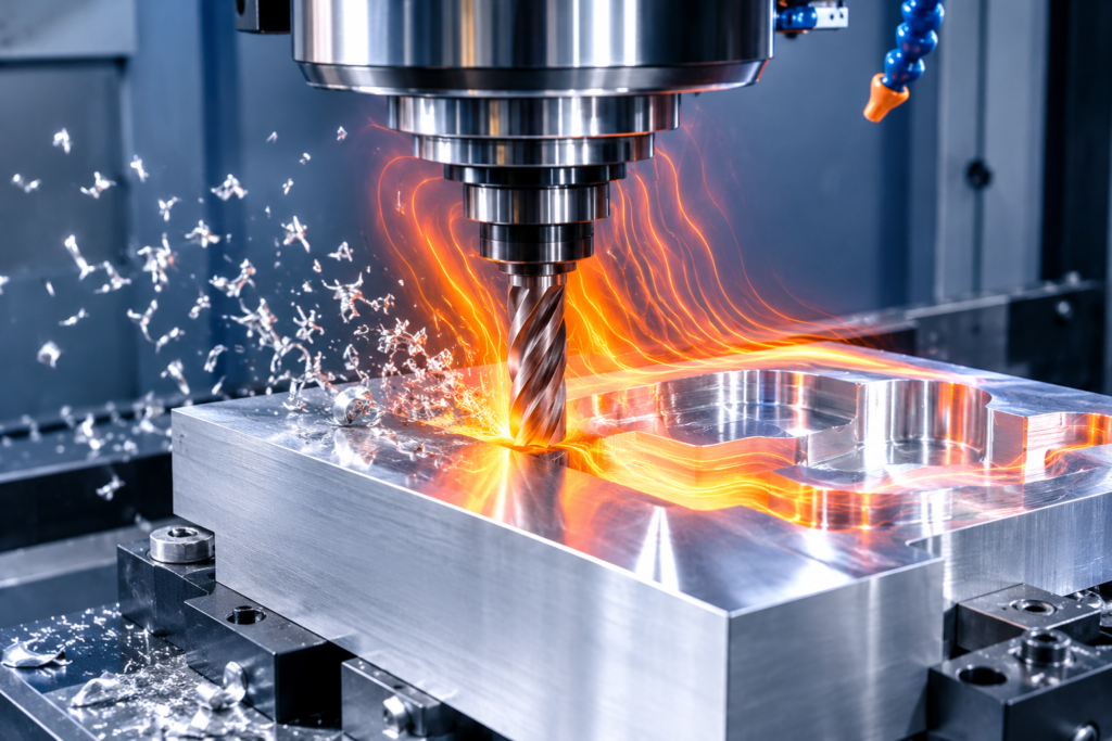 CNC spindle machining aluminum block with heat haze effect