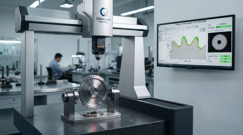 Coordinate Measuring Machine CMM laser probing an involute stainless steel 304 spur gear with digital graph