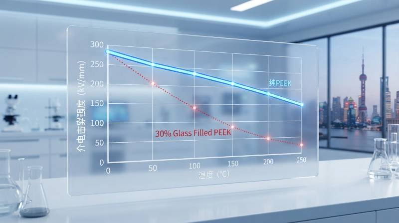 Dielectric Breakdown Strength vs Temperature Graph showing Virgin PEEK outperforming 30 percent Glass Filled PEEK up to 250C
