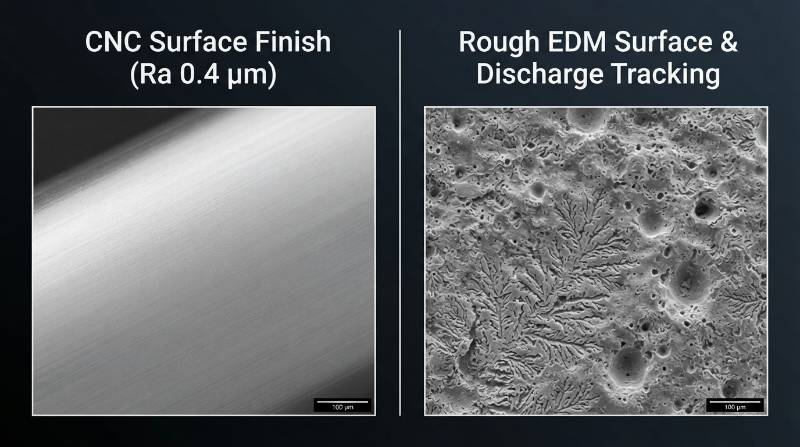 Micrograph showing CNC surface roughness Ra 0.4 micron vs rough surface showing electrical discharge tracking path