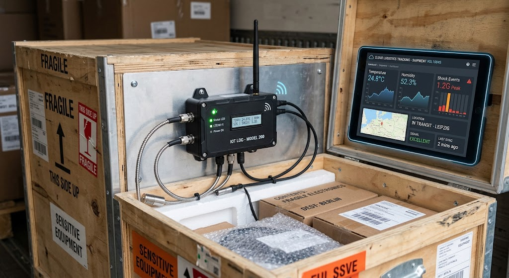 Modern IoT data logger hardware mounted inside a shipping crate transmitting temperature, humidity, and shock data to a cloud dashboard.