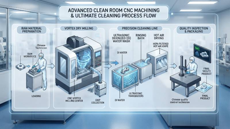 Technical flowchart of clean room CNC machining vortex dry milling and ultrasonic deionized cleaning process