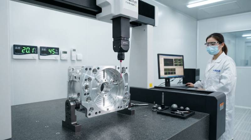 CMM machine probe inspecting an intricate machined housing inside a climate-controlled inspection cleanroom with digital temperature displays.