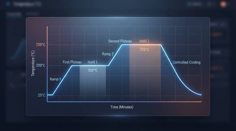 Thermal annealing profile graph showing temperature ramp hold at 200C and 250C and controlled cooling stages