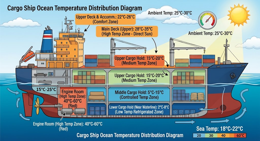 Ocean Freight Temperature Profile Diagram showing cargo ship cross section with thermal zones between hold and top deck