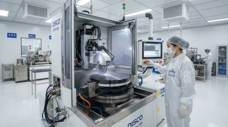 Ultra-precision surface grinder finishing a 300mm silicon carbide semiconductor wafer chuck in a pristine cleanroom manufacturing cell