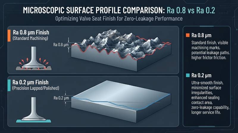 Microscopic surface profile diagram comparing surface roughness Ra 0.8 versus Ra 0.2 for zero-leakage valve seats