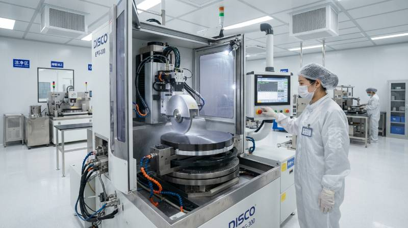 Ultra-precision surface grinder finishing a 300mm silicon carbide semiconductor wafer chuck in a pristine cleanroom manufacturing cell