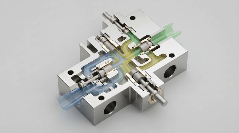 Technical 3D CAD schematic of a monolithic 5-axis multi-port chemical valve body highlighting internal flow channels and sealing seats