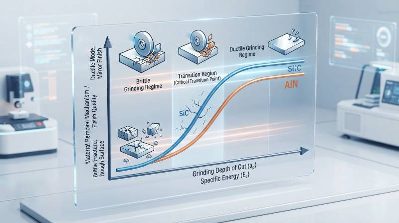 Technical comparison graph illustrating brittle-to-ductile transition grinding regimes for Silicon Carbide and Aluminum Nitride ceramic substrates