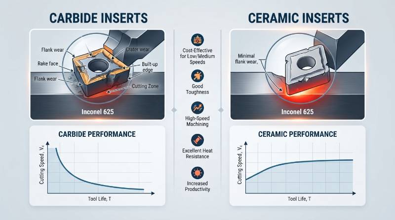 Comparison graphic showing tool wear patterns and cutting speed performance for carbide versus ceramic inserts in Inconel 625